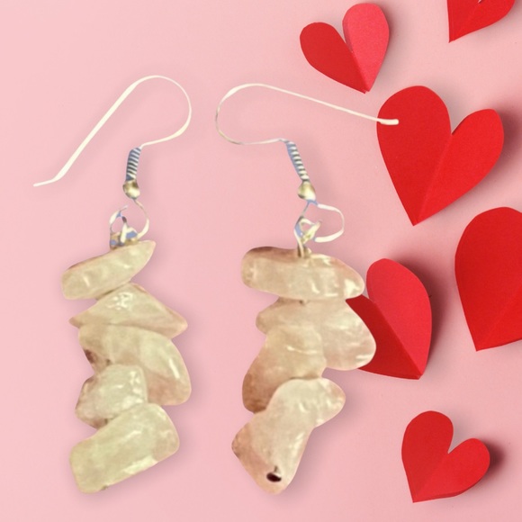 Handmade Rose Quartz Stacked Chip Earrings Natural Stones Pink Valentine's Day - Picture 4 of 4